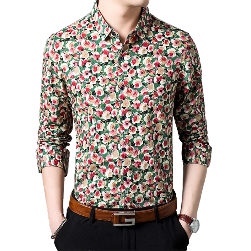 High Quality Mens Pure Cotton Hawaiian Shirt Men Long Sleeve Floral ...