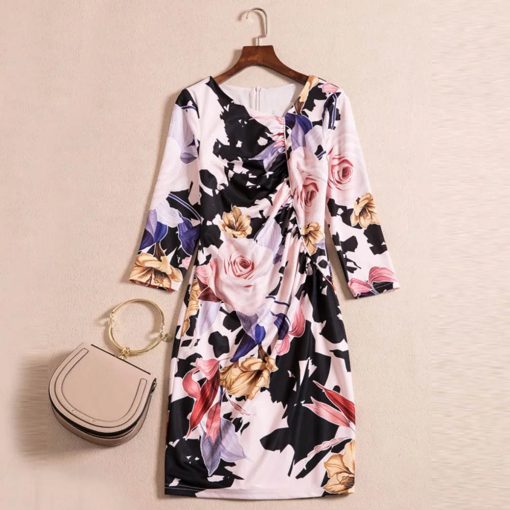 2017 New Arriaval Elegant Print Women Floral Dress High Quality Autumn