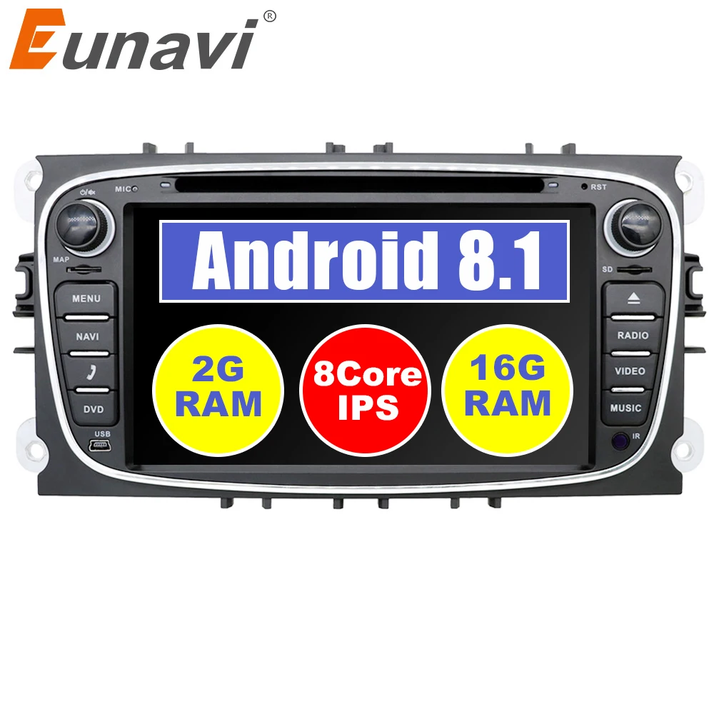 

Eunavi 2 din 7'' Android 8.1 Quad Core Car DVD Player Radio Stereo GPS Navi for Ford Focus Galaxy Audio wifi Head Unit 1024*600