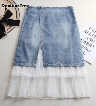 

2020 denim skirt women clothing sweet cotton lace layer patchwork stitching belt female skirts