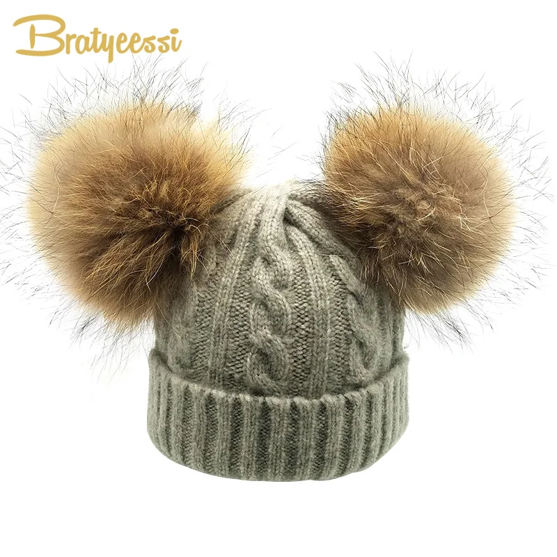 

Winter Children Hat for Girls Wool Real Fur Ball Pompom Kids Hat for Boys Knit Warm Double Pom pom Child Cap Kids Beanie