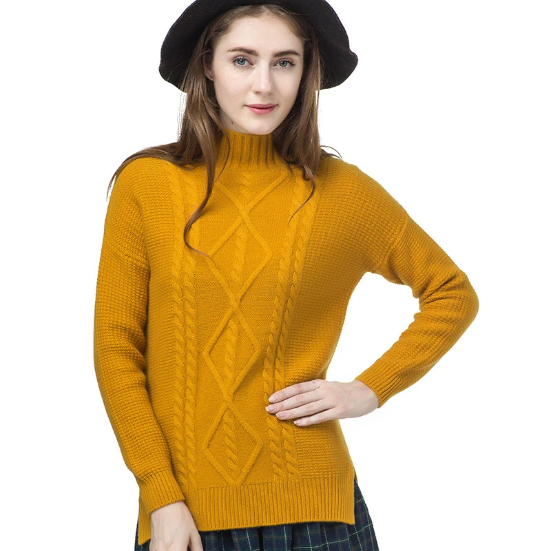 top grade 100%goat cashmere twisted knit women boutique thick pullover sweater half-high collar ope