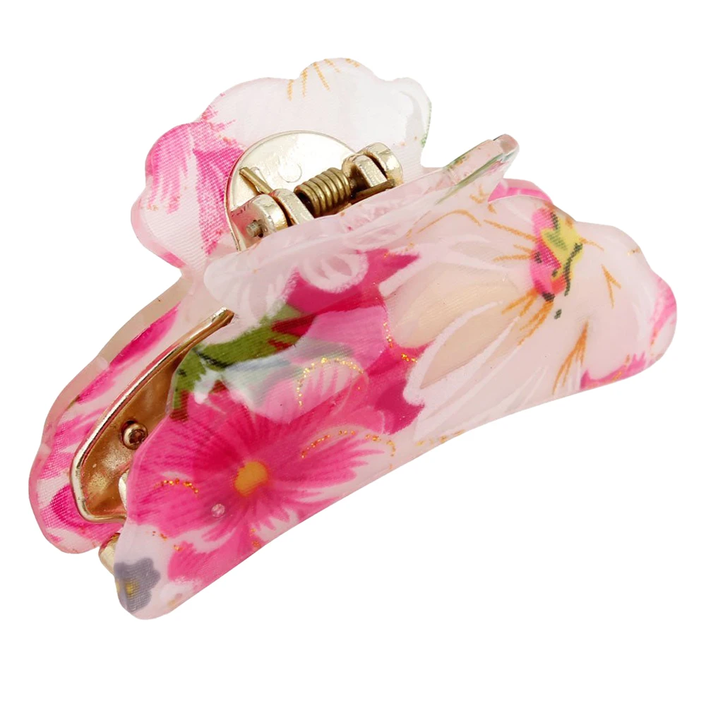 

HTHL-Lady Girls Floral Plastic Gold Tone Hair Claw, Rose Red