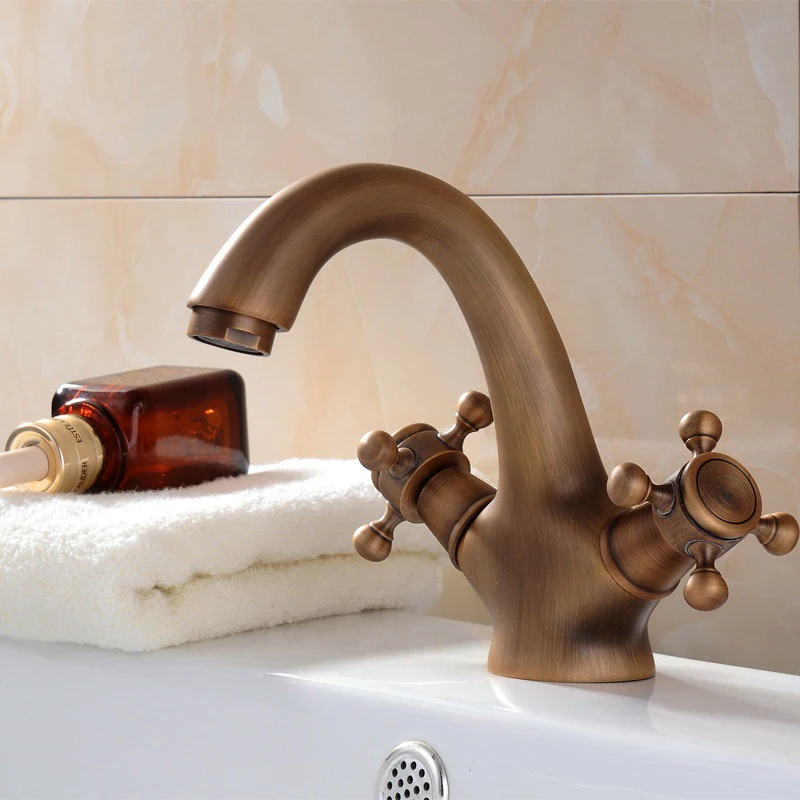 Antique Copper Bathroom/Kitchen Sink Basin Faucet  Deck Mount 2 Handle Mixer Tap 