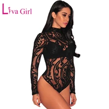2017 Spring Autumn Women Long Sleeve Bodysuit Top Transparent Black Mesh Print Bodysuit Women Skinny Turtleneck Sexy Bodysuit mesh yoke sweetheart skinny bodysuit