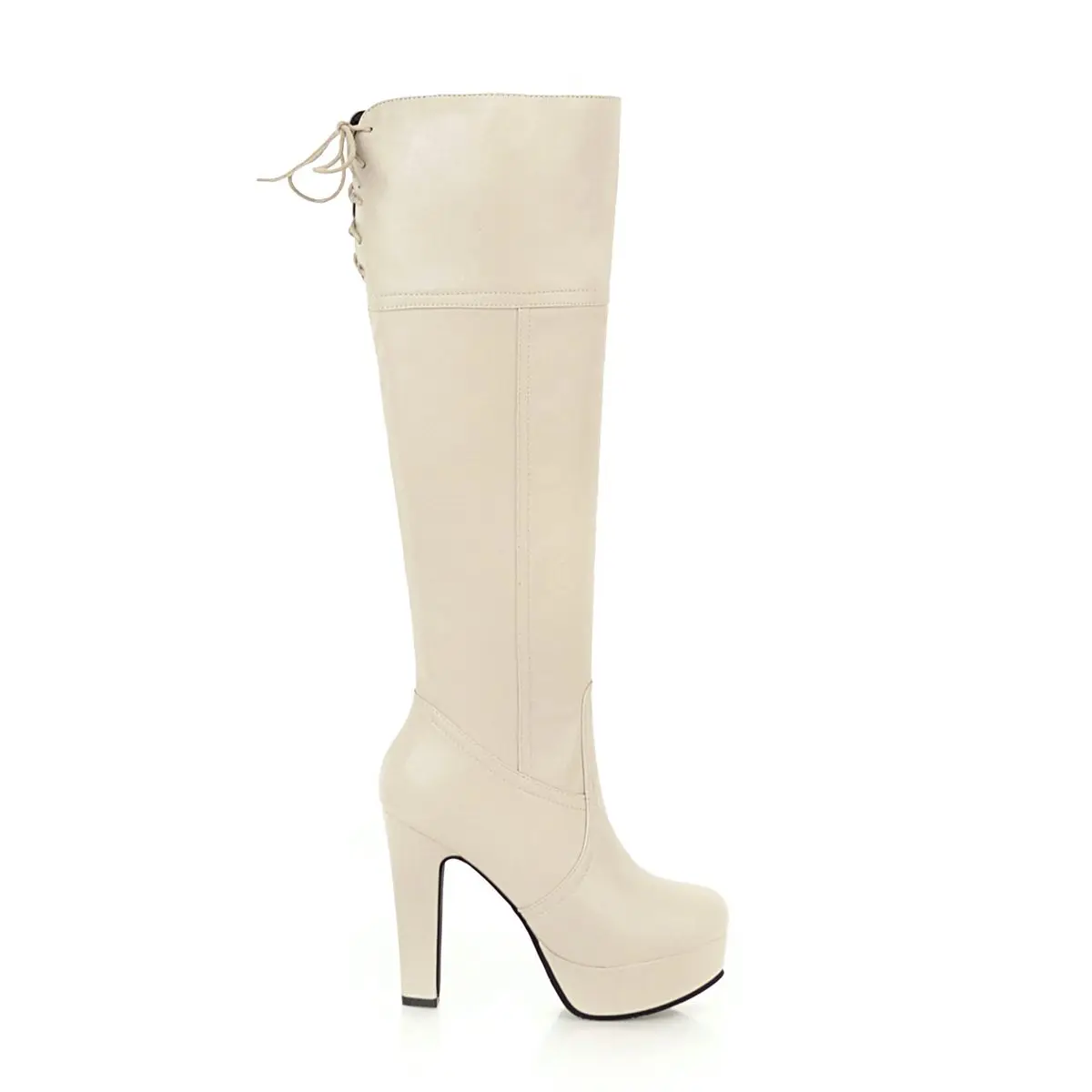 Botas Altos 2018 negro Toe Invierno Plataforma Mujeres Encaje Zapatos Otoño Tacones blanco Cuero Hasta Cuadrado Beige Mujer Pu Rodilla La rrvEqwU