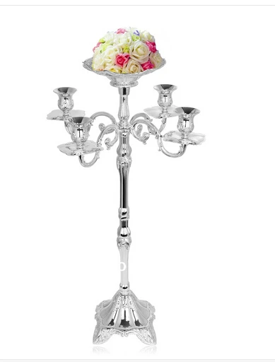 H83cm 5arm Silver Candlestick Holders Wedding Candelabra Tall Candle H83cm 5arm Silver Candlestick Holders Wedding Candelabra Tall Candle For Centerpieces With Flower Vase