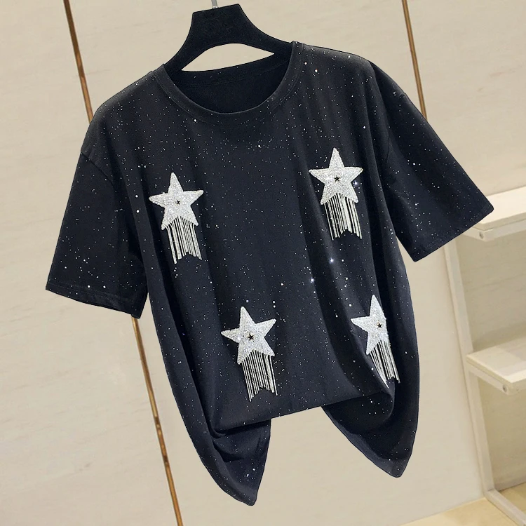 

2019 summer new small stars hot drilling tassel loose short-sleeved large version of the diamond niche T-shirt
