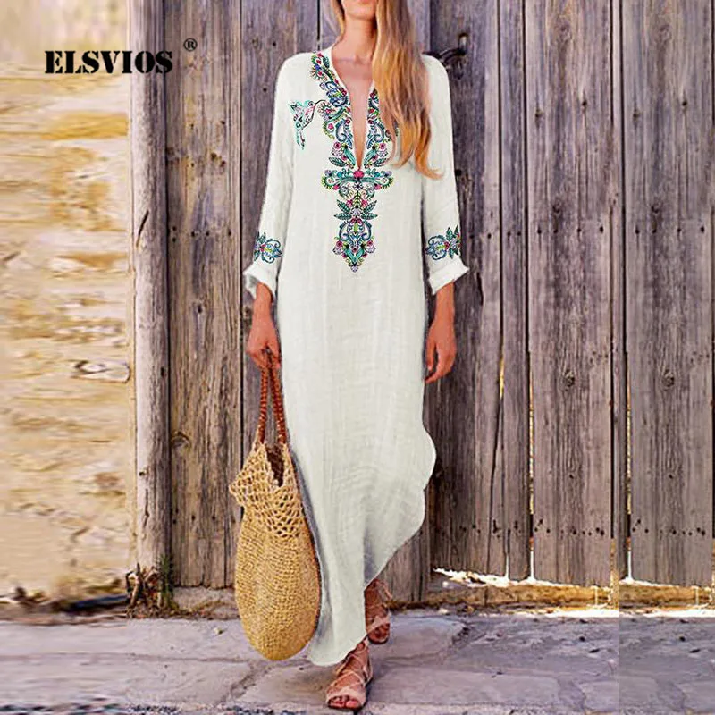

ELSVIOS 3XL Elegant V-neck Print Split Boho Dress Women Vintage Loose Beach Summer Dress Femme Plus Size Maxi Long Dress Vestido