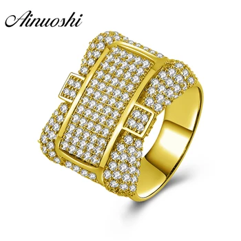 

AINUOSHI Luxury Wedding Band 14K Solid Yellow Gold Ring Sona Diamond Cluster Wedding Engagement Gold Jewelry Wide Band Male Ring
