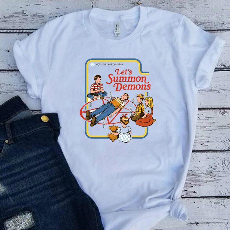 2018 يتيح استدعاء شيطان مضحك مطبوعة المرأة عارضة تيز بأكمام قصيرة الصيف القطن الملابس Overszie نعرفكم رواج التي شيرت النساء