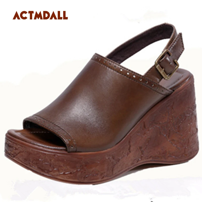

Thick Bottom Leather Ladies Wedges Sandals High Heel Platform Fish Mouth Handmade Muffin Sandals A9-1 Actmdall