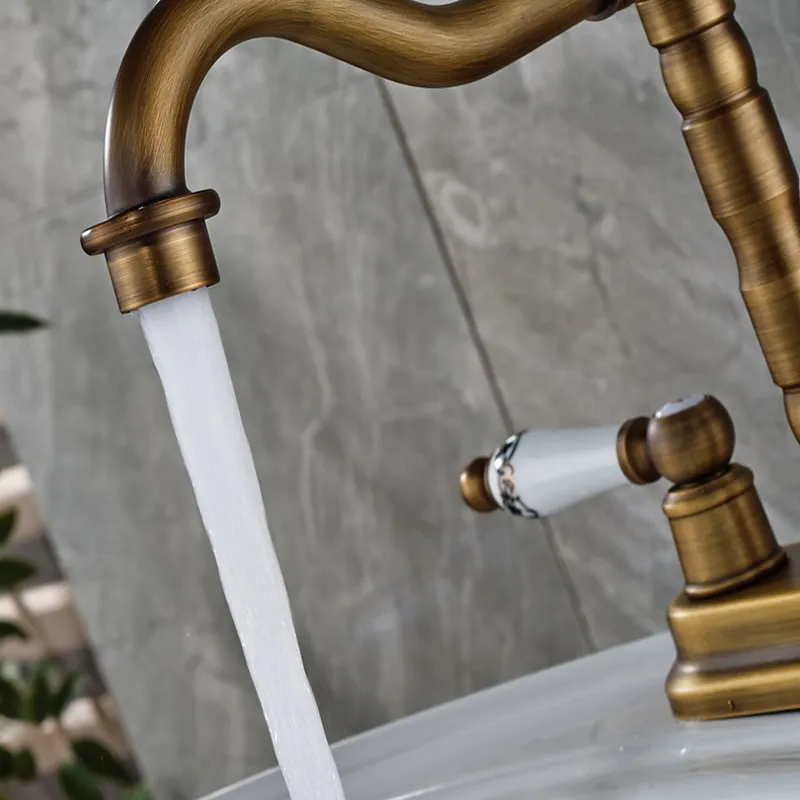 Antique Brass Basin Faucet Ceramic Handles 4