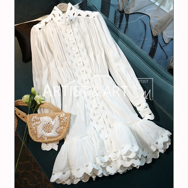 Svoryxiu Подиум Элегантное открытое белое платье с вышивкой Женские винтажные вечерние короткие платья с рукавами фонариками