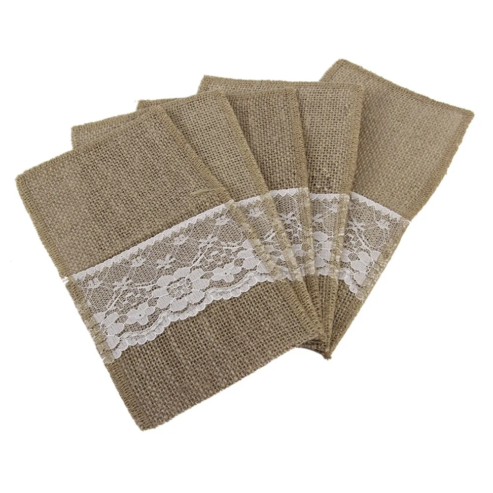 

10pcs/lot Knife And Fork Spoon Burlap Lace Bag Tableware With Jute Rope Table Decoration Natural Vintage Elegant Style