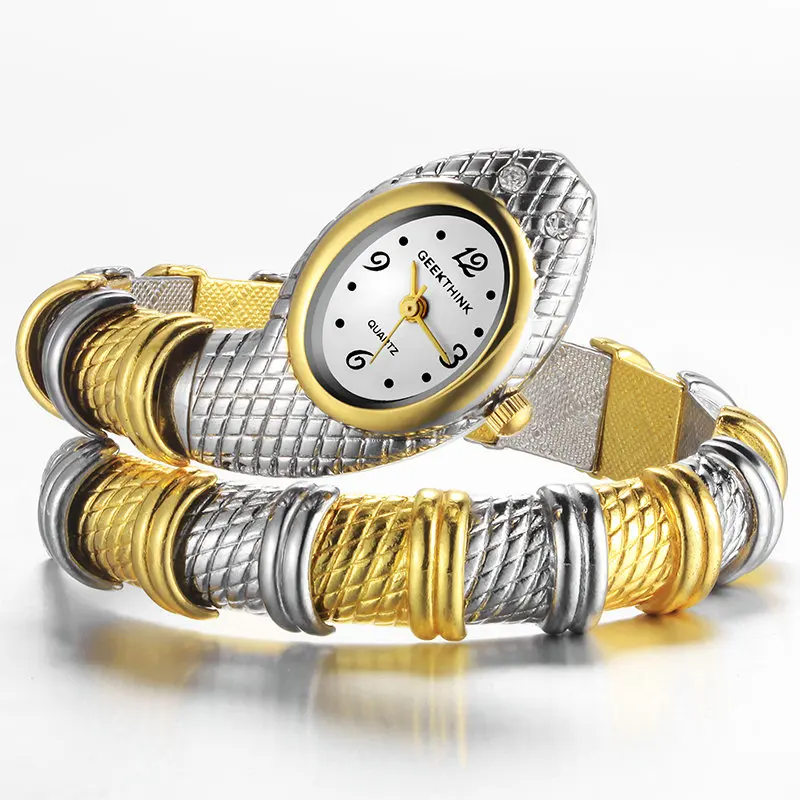 GEEKTHINK, уникальный модный бренд, кварцевые часы, браслет для женщин, Дамская змеиная одежда, часы, браслет, бриллиантовые украшения, роскошное серебро, золото - Цвет: Silver Gold