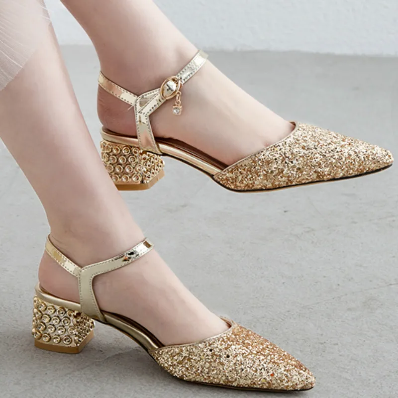 

Womens Block Square Heel Ankle Strap Patent Leather Bling Close Toe Pointed Toe Sandals Shoes Size 33 Gold Silver Prom Sandals
