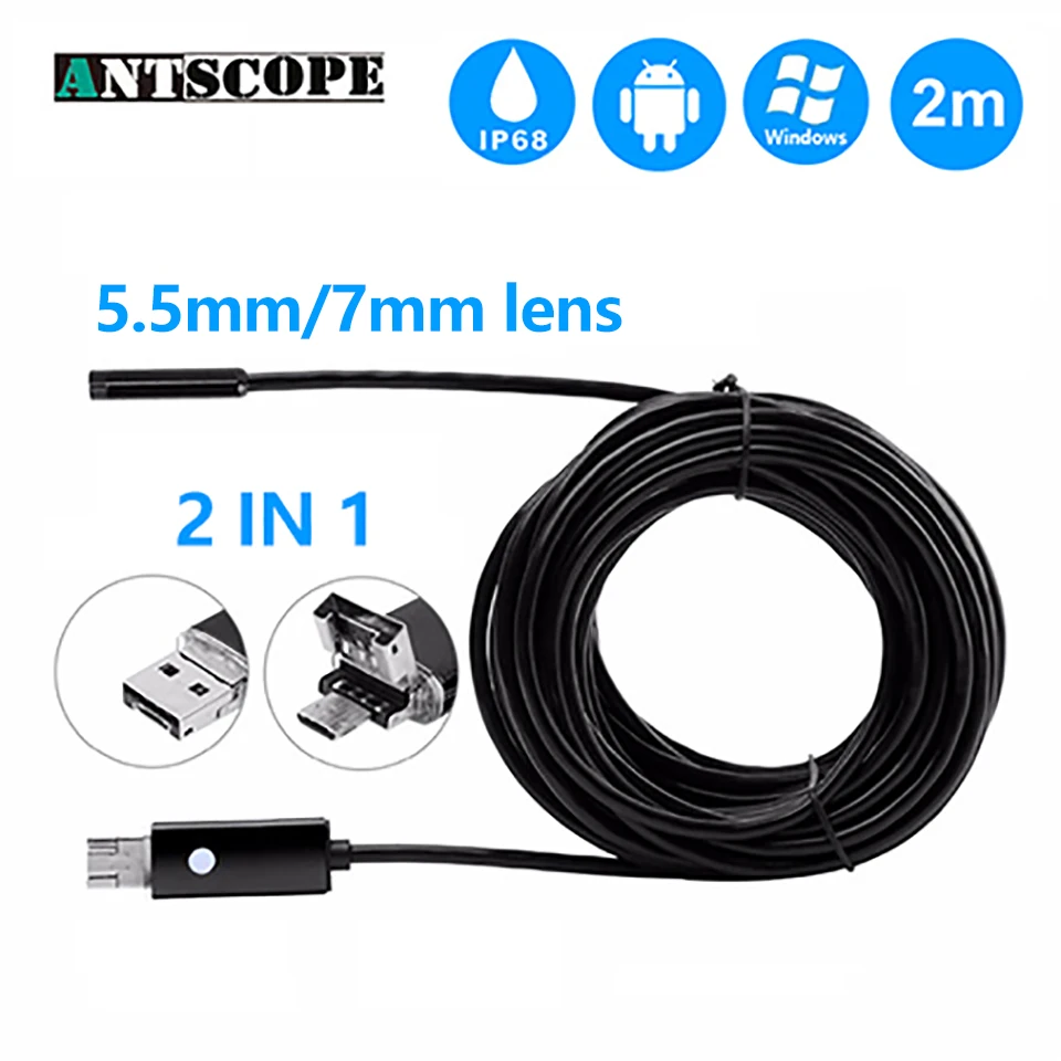 Antscope 5,5 мм/7 мм эндоскоп Android 6 светодиодный USB эндоскоп камера Водонепроницаемый Бороскоп камера 2в1 мягкий кабель камера для осмотра 5
