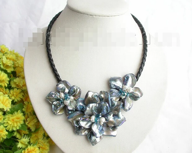 

FREE shipping>>>>handcraft bloom blue seashell pearls crystal choker leather necklace j7764 6.07