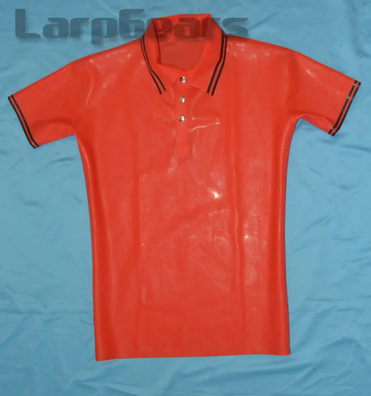 Red with Black Latex Men's Polo-Shirt Short Sleeves Latex Rubber Tee Plus Size XXXL