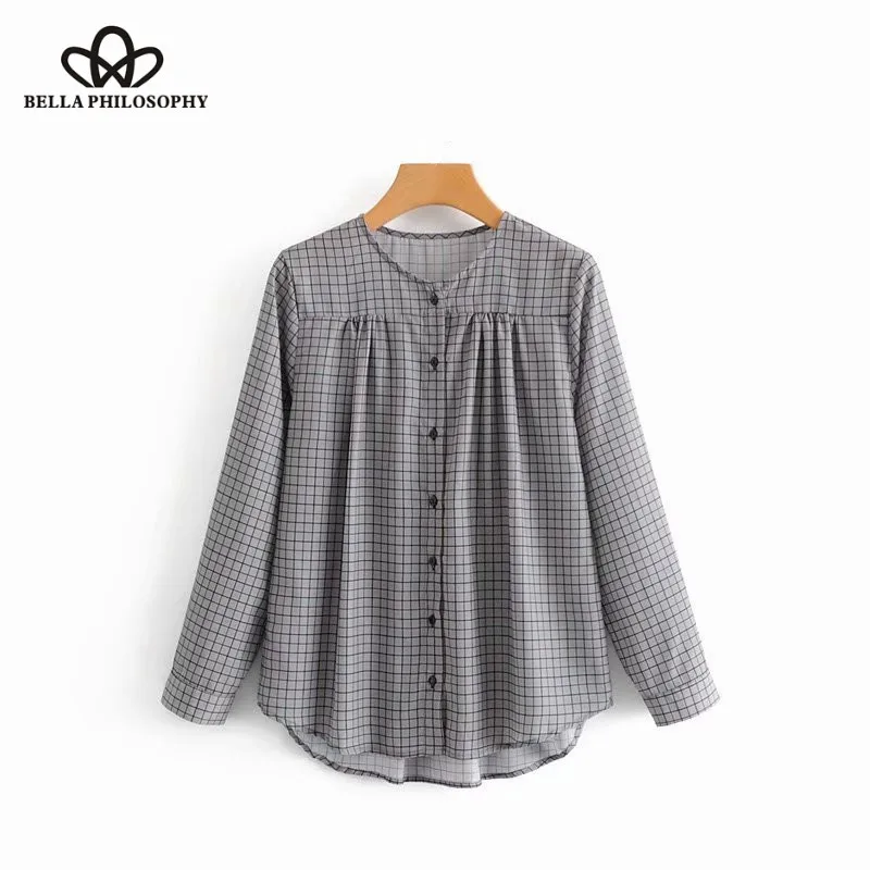 Wonder 2018 new autumn vintage pleated decoration plaid pattern smock Shirt blouses women chic casual slim femininas blusas tops