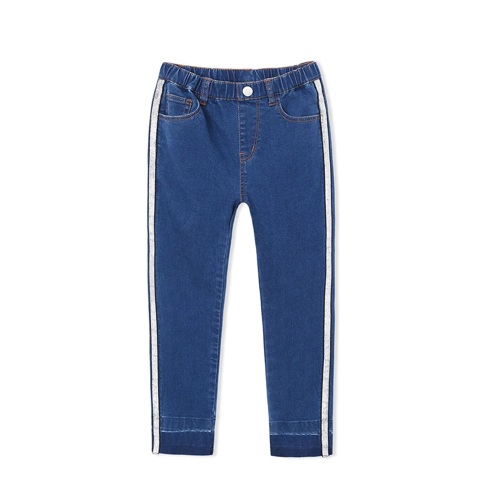 Balabala/Узкие хлопковые джинсы для девочек, потертые джинсы с полосками по бокам, Джинсы без застежки с необработанным краем и эластичной резинкой на талии для девочек-подростков - Цвет: Cowboy deep blue