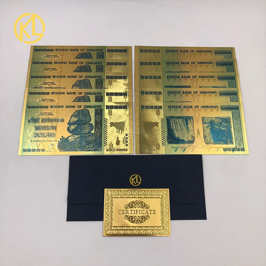 10 шт./лот, Высококачественная Золотая цветная Золотая банкнота Зимбабве, одна триллионная Банкнота с сертификатом для хорошей продажи
