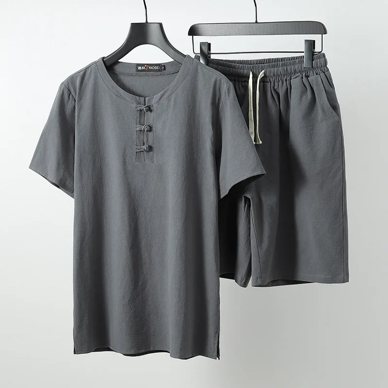 Брендовые летние льняные мужские футболки с круглым вырезом, Мужская футболка, мужские наборы футболок, Мужская футболка, плюс размер, M-9XL, костюм из двух предметов - Цвет: grey 1