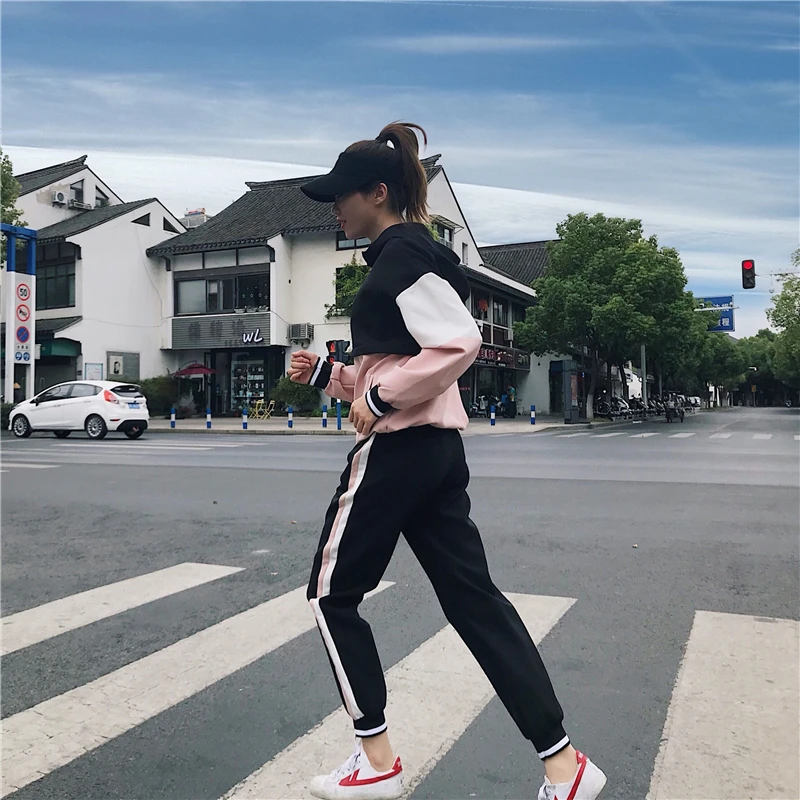 Tracksuit Women Two Piece Set Outfits for Women Slim Pink Stitching Jacket Casual Jacket and Jogging Casual Pants Suit