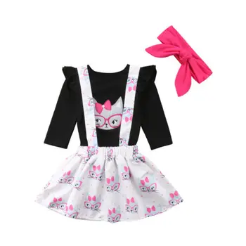

0-3Y Newborn Infant Kid Baby Girls Cotton Long Sleeve Ruffle O-neck T-shirt Tops Suspender Skirt Baby Clothes Outfits 3Pcs Set