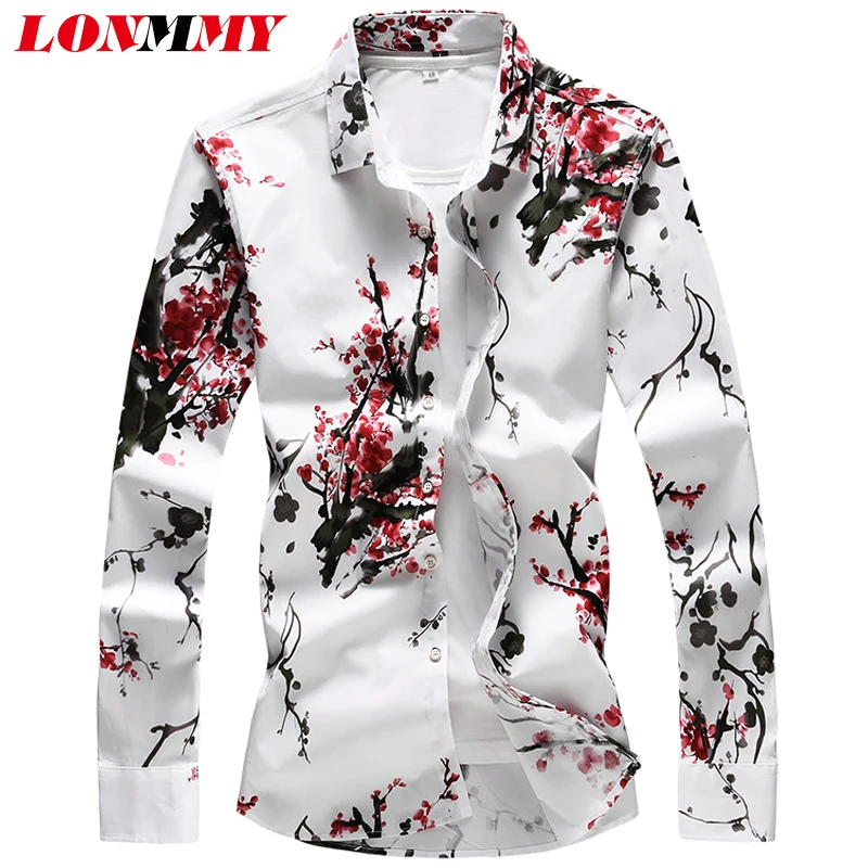 LONMMY 6XL 7XL Гавайская Мужская рубашка с цветочным принтом и длинным рукавом, мужские рубашки, платье, 65% хлопок, повседневная приталенная рубашка, Blusas masculina flower, новинка