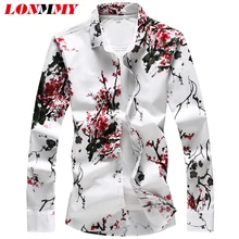 LONMMY 6XL 7XL Гавайская Мужская рубашка с цветочным принтом и длинным рукавом, мужские рубашки, платье, 65% хлопок, повседневная приталенная рубашка, Blusas masculina flower, новинка