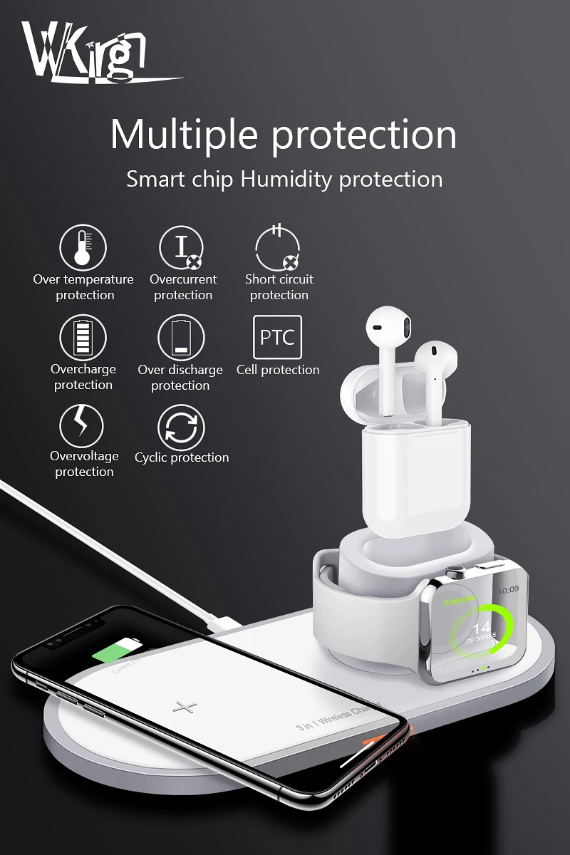 VVKing Wireless Charger For iPhone X XS MAX XR Fast Wireless Full load 3 in 1 Charging Pad for Airpods Apple Watch 5 4 3 2