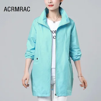 

ACRMRAC Women jacket Loose spring autumn Coats Solid color Standing collar Long sleeve jacket Women YY19A2936
