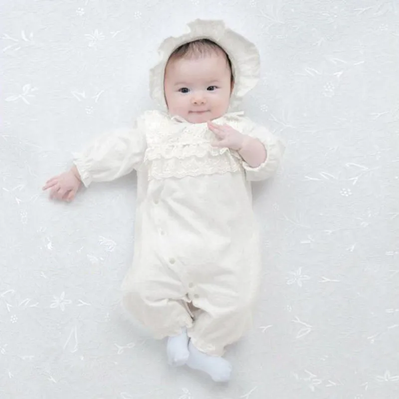 

HEYFRIEND 2018 Fashion Princess Baby Girl Romper With Lace Hat Newborn Long Sleeve Infant Jumpsuits Soft Cotton Baby Clothes