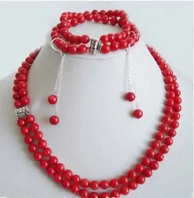 

Free shipping set 2 rows 7-8mm red coral necklace bracelet earring