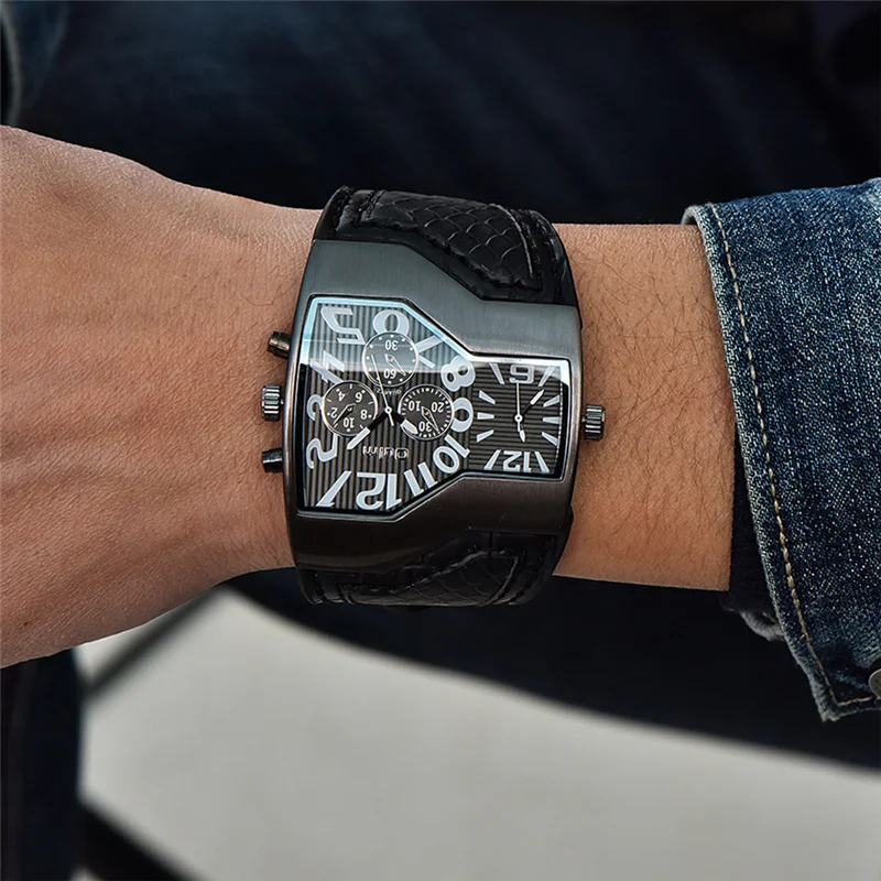 Oulm люксовый бренд Мужские часы с двумя часовыми поясами Кварцевые часы Широкий PU ремешок 6 цветов модные мужские наручные часы повседневные мужские часы
