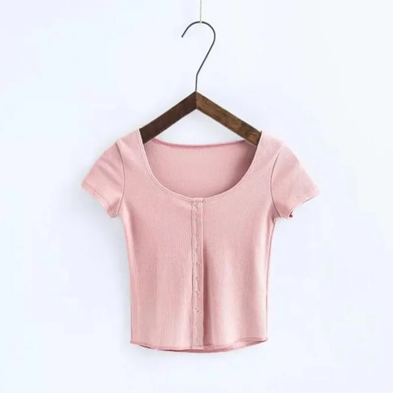 

Vintage Metal Buttons O neck Short sleeve T-shirt 2017 New Woman Slim Fit t shirt tight tee Summer Retro Tops