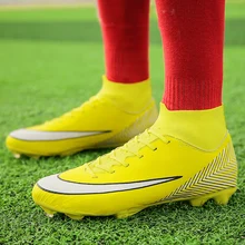 Для мужчин футбольные бутсы Бутсы сапоги длинные футбольные бутсы Профессиональный шипы TF шипы лодыжки высокие мягкая Крытый газон мини