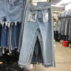 2019 сезон: весна–лето блестками карман джинсов Для женщин Повседневное джинсовые прямые брюки для девочек студентов эластичные джинсовые