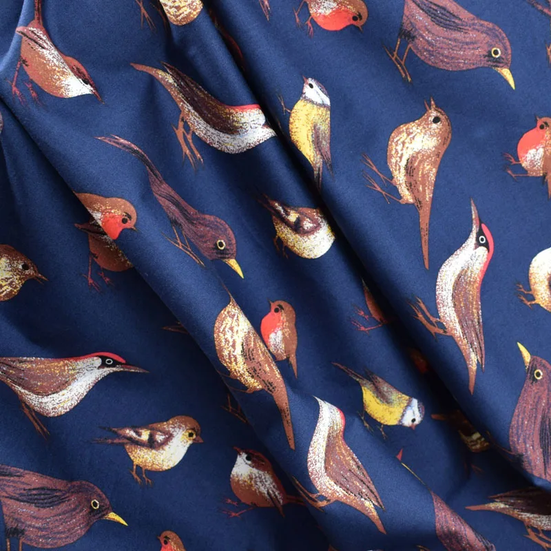 Ткань хлопчатобумажная стрейчевая для платья с принтом птиц|stretch poplin fabric|fabric for