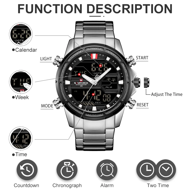 NAVIFORCE мужские часы с двойным дисплеем Роскошные Аналоговые Цифровые кварцевые