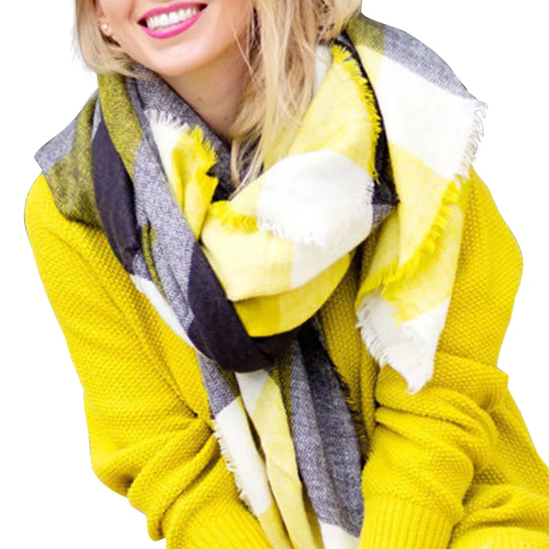 Desigual Scarf Women ZA Winter 2016 font b Tartan b font Scarf Yellow Gray Plaid Scarf