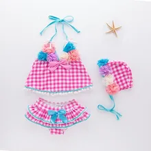 ; детская пляжная одежда для девочек с цветами; купальник с розовыми цветами; купальник-бикини в клетку в Корейском стиле для детей
