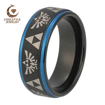 

Men Women Wedding Band Black Blue Tungsten Ring With Legend of Zelda Engraved Width 8MM