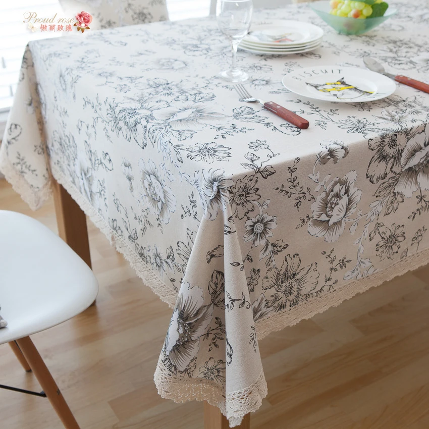 

Proud Rose American Country White Peony Cotton and Linen Table Cloth Retro Tea Table Cloth with Lace Modern Adornment Tablecloth