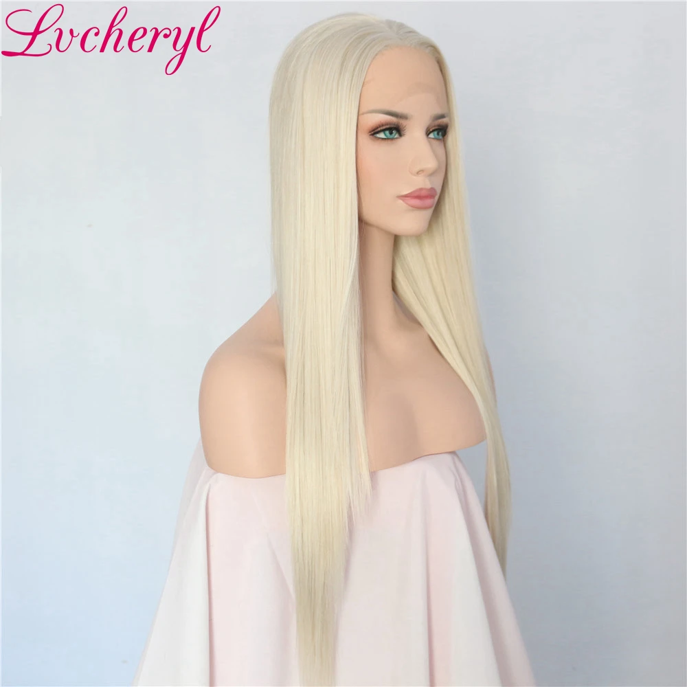 Lvcheryl ручная вязка блонд длинные прямые высокотемпературные волокна Жаростойкие Glueless синтетические передние кружева парик для белых женщин