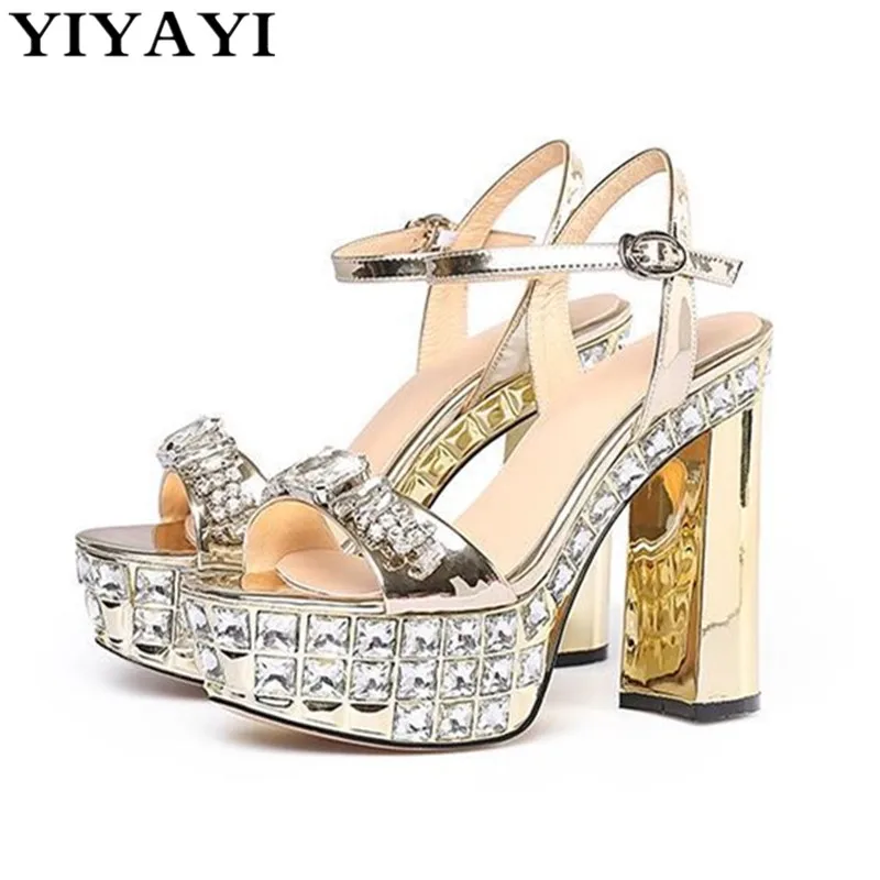 

2019 New Platform Sandals Women One Strap Chunky High Heels Summer Shoes Woman Patent Leather Gold Summer Sandals Female Silver