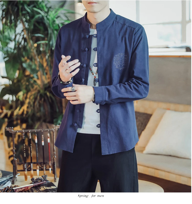 Повседневная мужская рубашка с длинным рукавом в китайском стиле, весна 2019, новая мужская рубашка с воротником-стойкой, приталенная