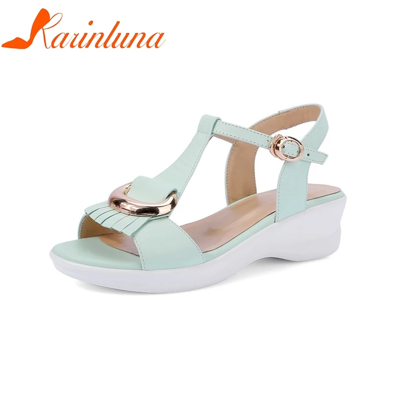 

KARINLUNA New women's Genuine Leather Buckle Strap Fringe Solid Shoes Woman Casual Sweet Summer Sandals Size 34-39